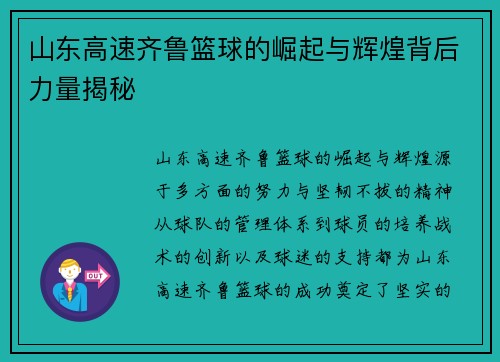 山东高速齐鲁篮球的崛起与辉煌背后力量揭秘