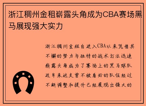 浙江稠州金租崭露头角成为CBA赛场黑马展现强大实力