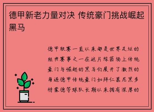 德甲新老力量对决 传统豪门挑战崛起黑马 德甲新老力量对决 传统豪门挑战崛起黑马
